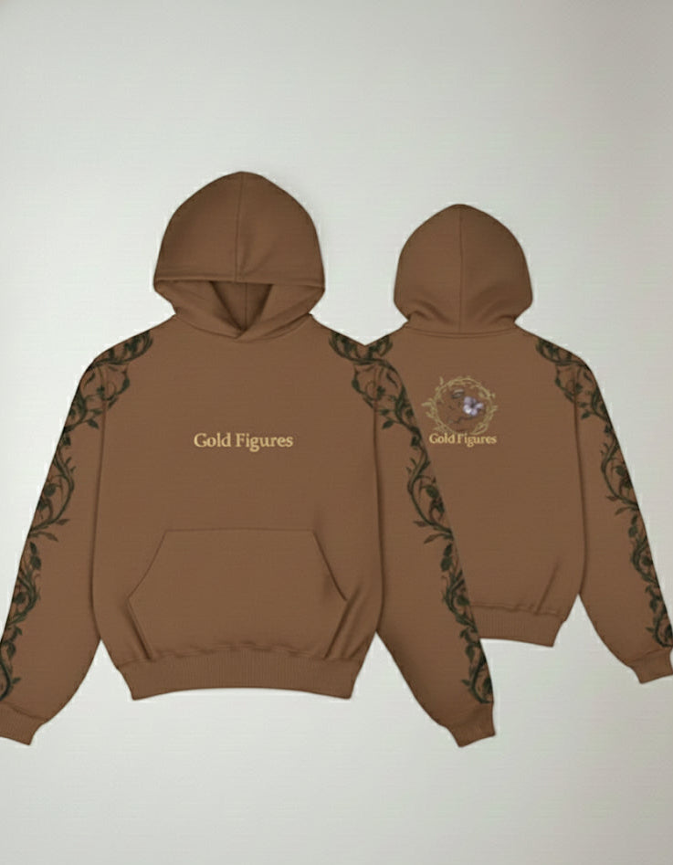 Brown hoodie with 'Gold Figures' branding on a light gray background