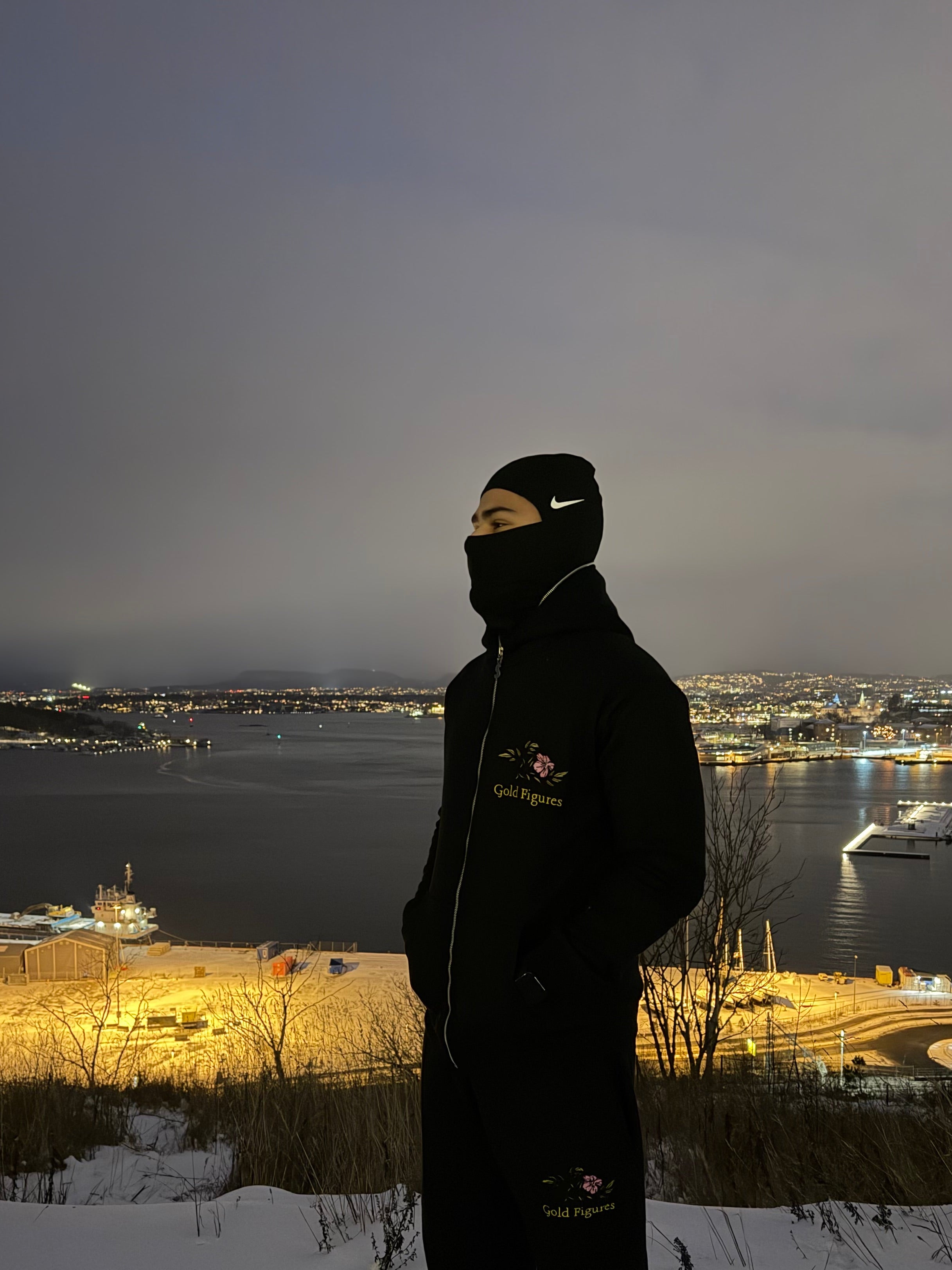 Person standing on a snowy surface with a cityscape reflection in water at night.