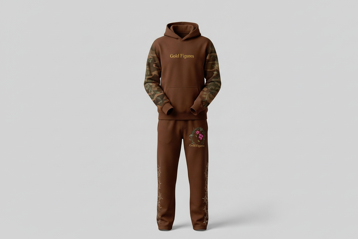 Brown hoodie and pants set with 'Gold Figures' branding on a gray background