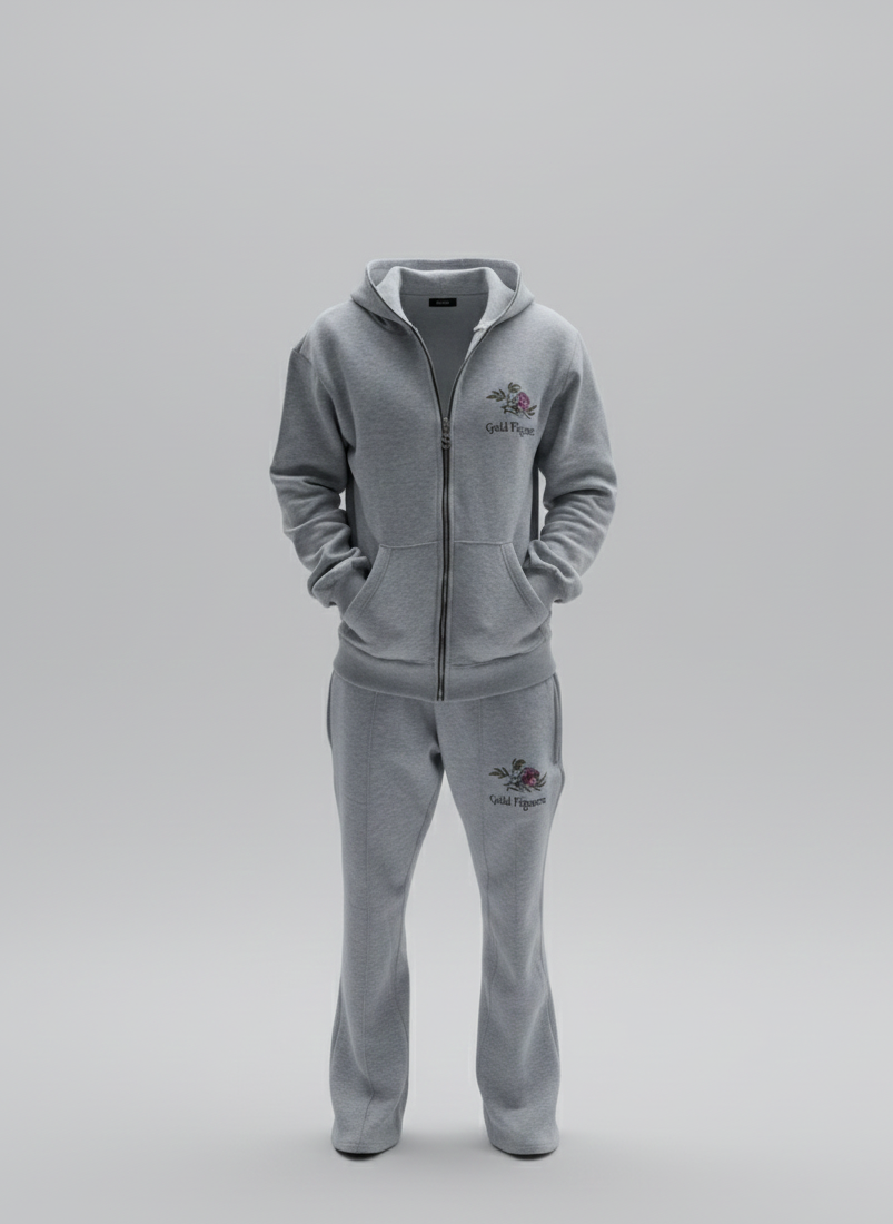 Gray tracksuit with brand logo on a light gray background